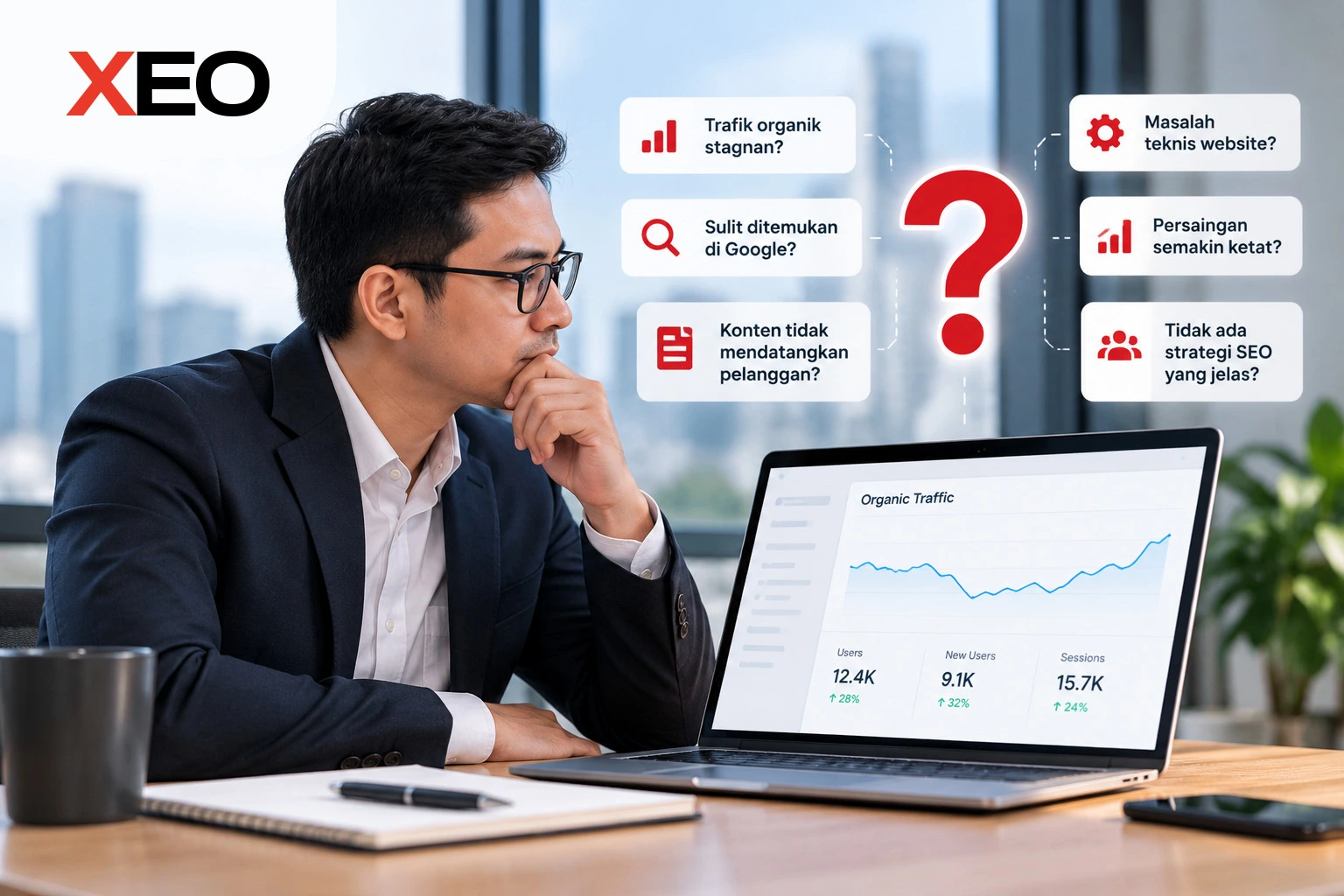 Pria profesional menganalisis performa SEO website dan berbagai masalah optimasi digital bersama XEO.id.