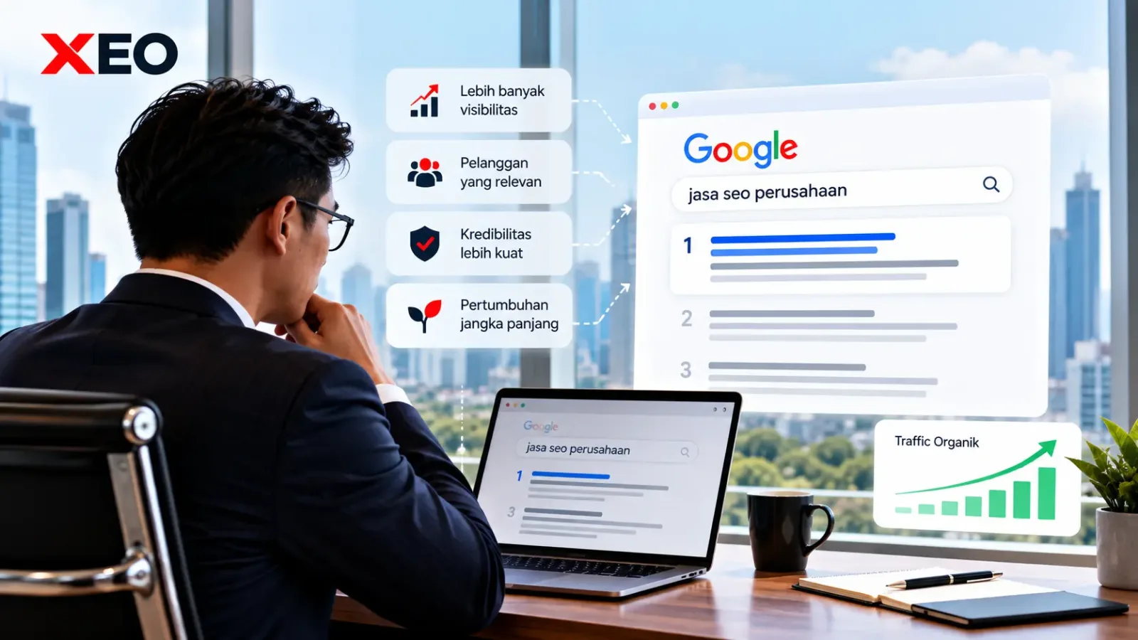 Ilustrasi SEO perusahaan untuk meningkatkan visibilitas website, menjangkau pelanggan relevan, dan mendorong pertumbuhan trafik organik.
